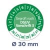 Das Bild zeigt eine kreisförmige Anzeige oder ein Messgerät mit einem Durchmesser von 30 mm und bezieht sich auf die DGUV-Vorschriften.