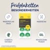 Das Bild zeigt ein Produktetikett für Prüfsiegel von Avery und hebt Eigenschaften wie Wetterfestigkeit, Haltbarkeit und CO2-Neutralität hervor. Es wird erwähnt, dass das Produkt in Deutschland hergestellt wird und verschiedene Symbole zur Darstellung seiner Merkmale enthält.
