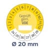 Das Bild zeigt ein rundes Messgerät, das mit den Zahlen 1 bis 29 und dem Etikett 'Geprüft gem. VDE' gekennzeichnet ist. Es zeigt eine Messung von 20 mm an.