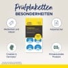 Das Bild zeigt ein Produkt für Inspektionsetiketten namens 'Prüfplaketten' von Avery Zweckform, das Merkmale wie Wetterbeständigkeit, Sicherheit und Umweltfreundlichkeit hervorhebt, markiert für die Gültigkeit von 2025-2030.