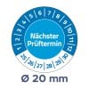 Das Bild zeigt ein kreisförmiges Kalibrier- oder Terminrad mit den Zahlen 1 bis 12 und einem Abschnitt für die Daten 25 bis 30, der mit "Nächster Prüftermin" beschriftet ist und einen Durchmesser von 20 mm angibt.