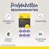 Das Bild zeigt eine Produktverpackung von Vinyl-Prüfaufklebern von Avery, die ihre Haltbarkeit, Wetterbeständigkeit und umweltfreundliche Produktion in Deutschland hervorheben.
