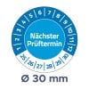 Das Bild zeigt einen kreisförmigen Zeitplan, der Inspektionsdaten anzeigt und mit 'Nächster Prüftermin' beschriftet ist, mit einem Durchmesser von 30 mm.