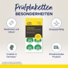 Das Bild zeigt Inspektionsetiketten mit dem Titel 'Prüfplaketten', die Details über ihre wetterfesten und langlebigen Eigenschaften enthalten. Sie sind aus Vinyl gefertigt, in Deutschland hergestellt und sind klimaneutrale Produkte. Die Etiketten sind für den nächsten Inspektionszeitraum (2026-2031) konzipiert.
