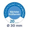 Das Bild zeigt ein kreisförmiges Design, das einen Zeitplan für die nächste Inspektion anzeigt, auf Deutsch als 'Nächster Prüftermin' vermerkt, mit nummerierten Monaten um den Kreis und einem Durchmesser von 30 mm.