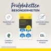 Das Bild zeigt Prüfetiketten, die wetterfest und langlebig sind und so gestaltet wurden, dass Jahre manuell eingetragen werden können. Sie werden von Avery Zweckform hergestellt, mit einem Hinweis, dass sie in Deutschland hergestellt und klimaneutrale Produkte sind.
