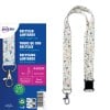 Ein Bild zeigt recycelte Lanyards mit einem Karabinerhaken und einem Blumendesign. Die Verpackung enthält Informationen über das Produkt, einschließlich Größe und Spezifikationen.