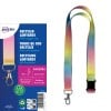 Das Bild zeigt ein Pack mit recycelten Lanyards im Regenbogenverlauf-Design und einem Karabinerhaken. Die Verpackung hebt ihre Eigenschaften und Spezifikationen hervor.