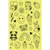 Das Bild zeigt niedliche Kritzeleien auf gelbem Hintergrund, darunter eine Biene, ein Panda, eine Katze, ein Häschen, Blumen, Herzen und Icons wie Eiscreme und Cupcakes.