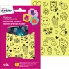 Das Bild zeigt eine Packung reflektierender Aufkleber von Avery. Das Design enthält verschiedene lustige Symbole wie Smileys, Tiere und Lebensmittel auf einem gelben Hintergrund.