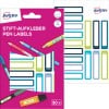 Packungsabbildung mit Etikettenbogen: Avery Etiketten zur Kennzeichnung von Stiften, Artikel:  RESMI30G, Format: 10 x 50 mm, Inhalt: 30 Etiketten / 2 Bögen, 15 Etiketten/Bogen