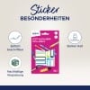 Das Bild zeigt eine Packung Avery-Stiftetiketten und hebt deren Eigenschaften hervor, wie z. B. einfach zu beschriften, starker Halt und umweltfreundliche Verpackung.