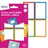 Dieses Bild zeigt eine Packung mit Avery-Schulettiketten, die farbenfrohe Etikettendesigns zur Organisation oder zum Beschriften von Gegenständen anzeigen, mit mehreren leeren Feldern zur individuellen Anpassung.
