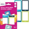 Packungsabbildung mit Etikettenbogen: Avery Buch-Etiketten, Artikel:  SCHOOL8G, Format: 48 x 70 mm, Inhalt: 8 Etiketten / 2 Bögen, 4 Etiketten/Bogen