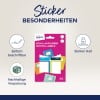 Das Bild zeigt eine Packung mit Schuletiketten von Avery. Es hebt 8 Etiketten hervor, deren Merkmale leicht beschreibbar, starker Halt und nachhaltige Verpackung umfassen.