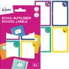 Packungsabbildung mit Etikettenbogen: Avery Buch-Etiketten, Artikel:  SCHOOL8S, Format: 48 x 70 mm, Inhalt: 8 Etiketten / 2 Bögen, 4 Etiketten/Bogen