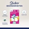 Das Bild zeigt ein Set von Schulaufklebern von Avery und hebt ihre Klebrigkeit und Recyclingfähigkeit hervor, zusammen mit Merkmalen wie einfacher Beschriftung und starkem Halt.