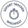 Das Bild zeigt ein kreisförmiges Logo mit dem Text 'SOFORT TROCKEN WISCHFEST' und einem Stoppuhr-Symbol in der Mitte, was auf schnell trocknende oder abwischbare Produkte hindeutet.