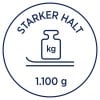 Das Bild zeigt ein kreisförmiges Design mit dem Text 'STARKER HALT' und einer Abbildung eines Gewichts mit der Aufschrift 'kg', sowie der Zahl '1.100 g' am unteren Rand.