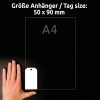 Größenvergleich mit Hand, Artikel: T2002-10, ein Bogen Anhänger, Format: 90 x 50 mm, Farbe: Ultraweiß