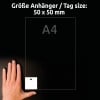 Größenvergleich mit Hand, Artikel: T3003-10, ein Bogen Anhänger, Format: 50 x 50 mm, Farbe: Weiß