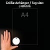 Größenvergleich mit Hand, Artikel: T3004-10, ein Bogen Anhänger, Format: ⌀ 60 mm, Farbe: Weiß