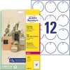 Packungsabbildung mit Etikettenbogen: Avery Zweckform Anhänger, Artikel:  T3004-10, Format: ⌀ 60 mm, Druckereignung: Laser s/w,Farblaser, Inhalt: 120 Anhänger / 10 Bögen, 12 Anhänger/Bogen