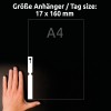 Größenvergleich mit Hand, Artikel: T3007-10, ein Bogen Schlaufen-Anhänger, Format: 160 x 17 mm, Farbe: Weiß