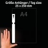 Größenvergleich mit Hand, Artikel: T3008-10, ein Bogen Schlaufen-Anhänger, Format: 250 x 25 mm, Farbe: Weiß