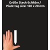 Größenvergleich mit Hand, Artikel: T9002, ein Bogen Steck-Schilder, Format: 120 x 20 mm, Farbe: Weiß