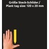 Größenvergleich mit Hand, Artikel: T9003, ein Bogen Steck-Schilder, Format: 120 x 20 mm, Farbe: Gelb
