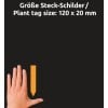 Größenvergleich mit Hand, Artikel: T9004, ein Bogen Steck-Schilder, Format: 120 x 20 mm, Farbe: Orange