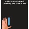 Größenvergleich mit Hand, Artikel: T9006, ein Bogen Steck-Schilder, Format: 120 x 20 mm, Farbe: Blau