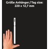 Größenvergleich mit Hand, Artikel: T9102, ein Bogen Schlaufen-Anhänger, Format: 220 x 12,7 mm, Farbe: Weiß