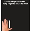 Größenvergleich mit Hand, Artikel: T9201, ein Bogen Hänge-Etiketten mit Draht, Format: 100 x 18 mm, Farbe: Weiß