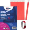Das Bild zeigt reißfeste Papierarmbänder in roter Farbe und präsentiert ein Paket mit Armbändern sowie Verpackungsdetails und eine visuelle Darstellung der Armbänder.