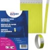Das Bild zeigt ein Paket reißfester Papierarmbänder in gelber Farbe, hergestellt aus TYVEK-Material, mit verschiedenen Seriennummern. Ein Armband zur Demonstration ist enthalten.