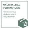 Das Bild enthält eine Nachricht über nachhaltige Verpackungen und beschreibt Taschen, die zu mindestens 80 % aus recyceltem Material bestehen.