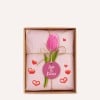 Das Bild zeigt eine Geschenkbox, die in rosa Papier eingewickelt und mit einer Schnur gebunden ist. Es zeigt eine rosa Tulpe und ein Etikett mit der Aufschrift 'Love & Kisses', umgeben von kleinen roten Herzgrafiken.