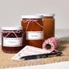 Das Bild zeigt drei Gläser Marmelade mit den Etiketten 'Erdbeere' und 'Aprikose', dekorativem Bindfaden und Etiketten in der Nähe, auf einem Jutetuch arrangiert.